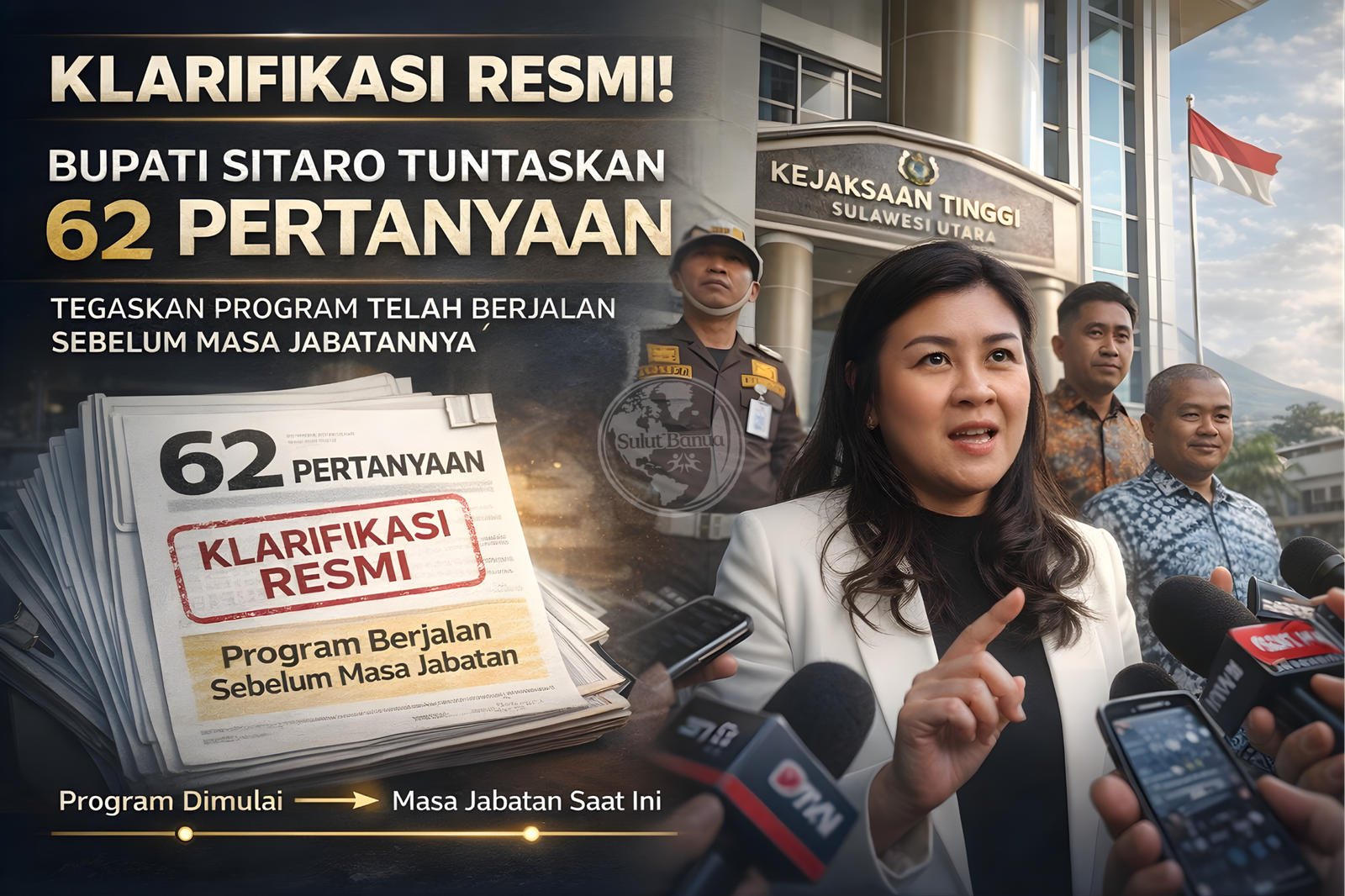 Bupati Sitaro Chyntia Inggrid Kalangit saat memberikan keterangan pers di depan gedung Kejati Sulut terkait pemeriksaan dana bencana.