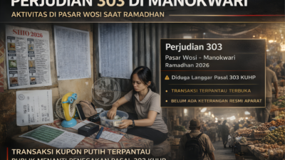 Bukti kupon putih dan situasi aktivitas perjudian 303 di Manokwari yang meresahkan warga.
