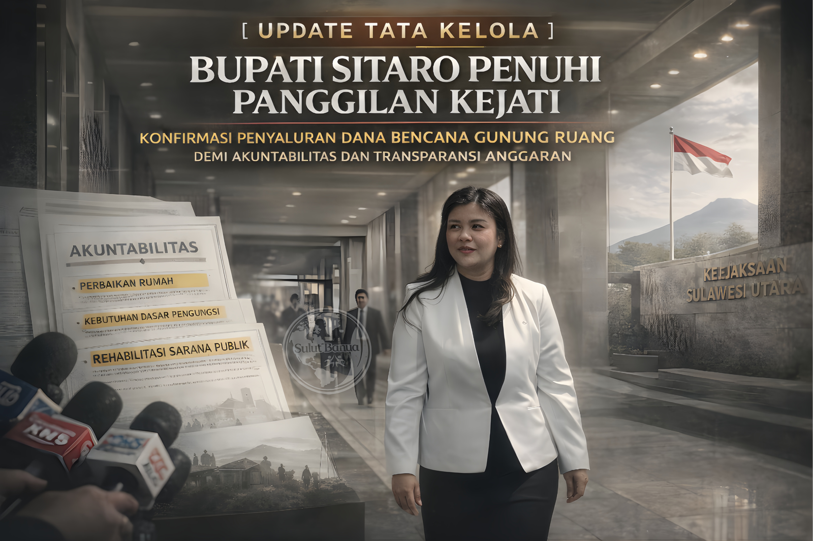 Bupati Sitaro Chyntia Ingrid Kalangit tiba di kantor Kejati Sulut terkait pemeriksaan dana bencana.