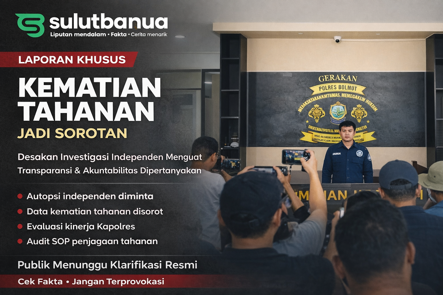 TAHANAN MENINGGAL - Bobby Noe saat melakukan konferensi Pers terkait kasus kematian seorang tahanan di dalam sel Polres Bolmut. Pihak Polres enggan beber data kasus kematian.