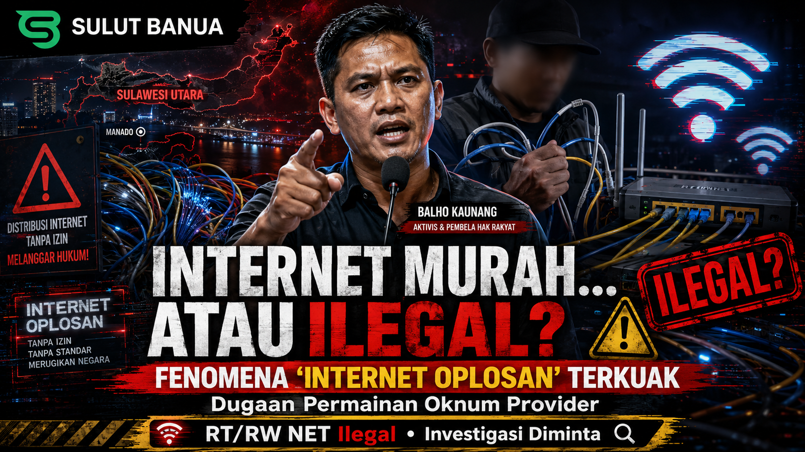 Ilustrasi jaringan kabel internet oplosan Sulawesi yang semrawut.