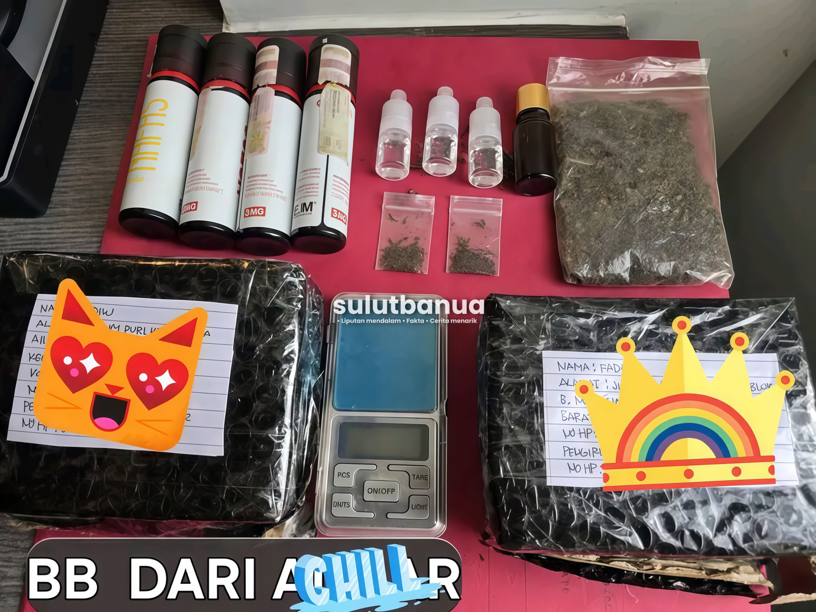 Barang bukti Liquid Vape Pinaca, tembakau sintesis, dan timbangan digital yang disita polisi.