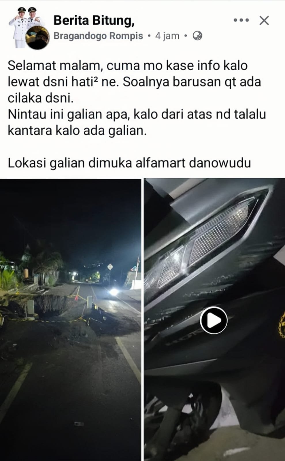 "Kondisi galian PDAM Bitung di Danowudu yang memicu lakalantas"