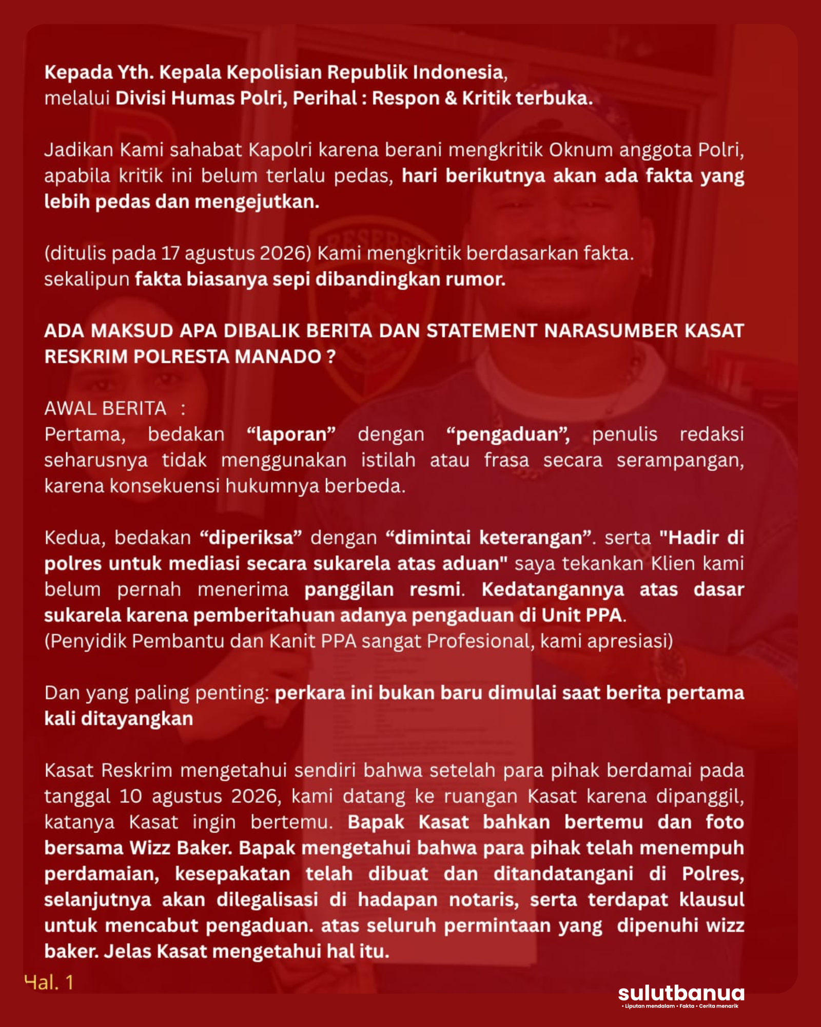 Halaman pertama surat terbuka dari kuasa hukum kepada Kapolri