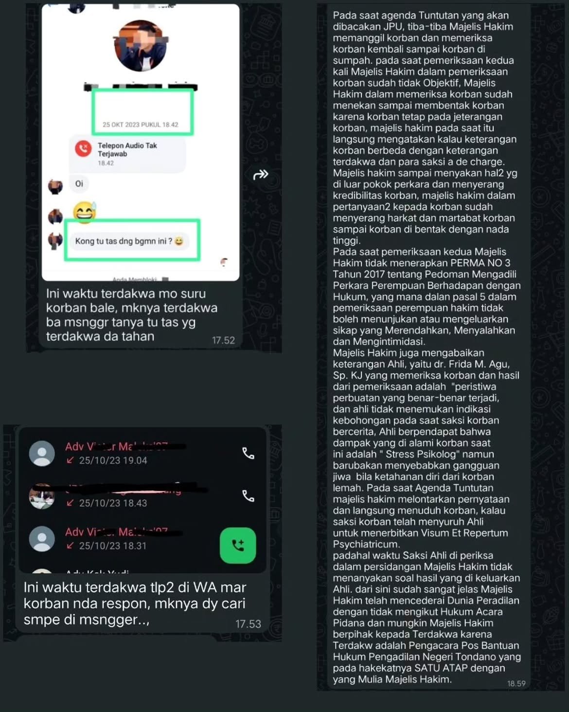 Bukti tangkapan layar chat dan catatan kejanggalan sidang vonis bebas PN Tondano