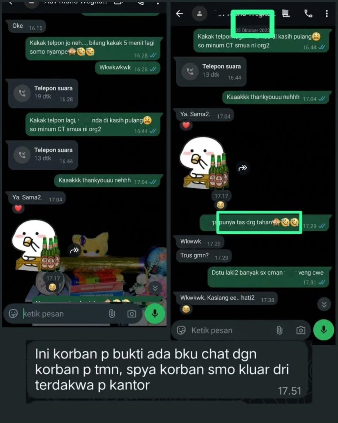Bukti chat WhatsApp percakapan korban penahanan tas dan kasus kekerasan seksual