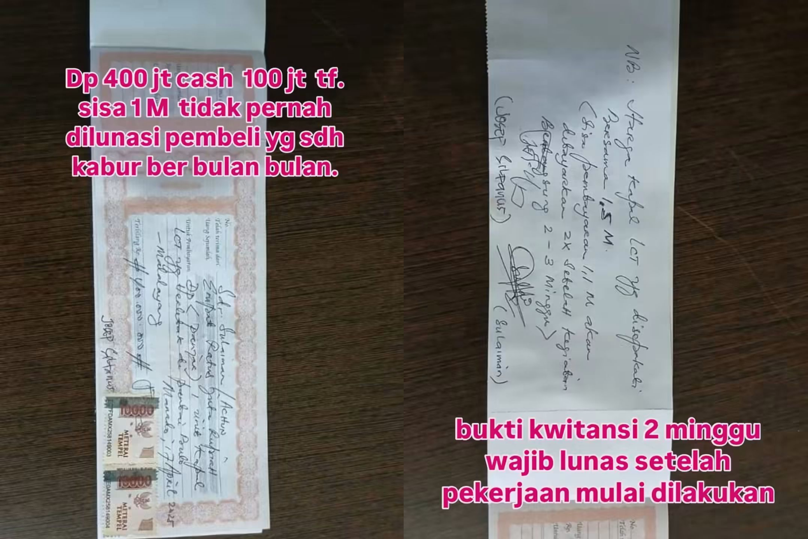 Kuitansi pembayaran DP Kapal LCT dan bukti sisa utang Virus COMIT