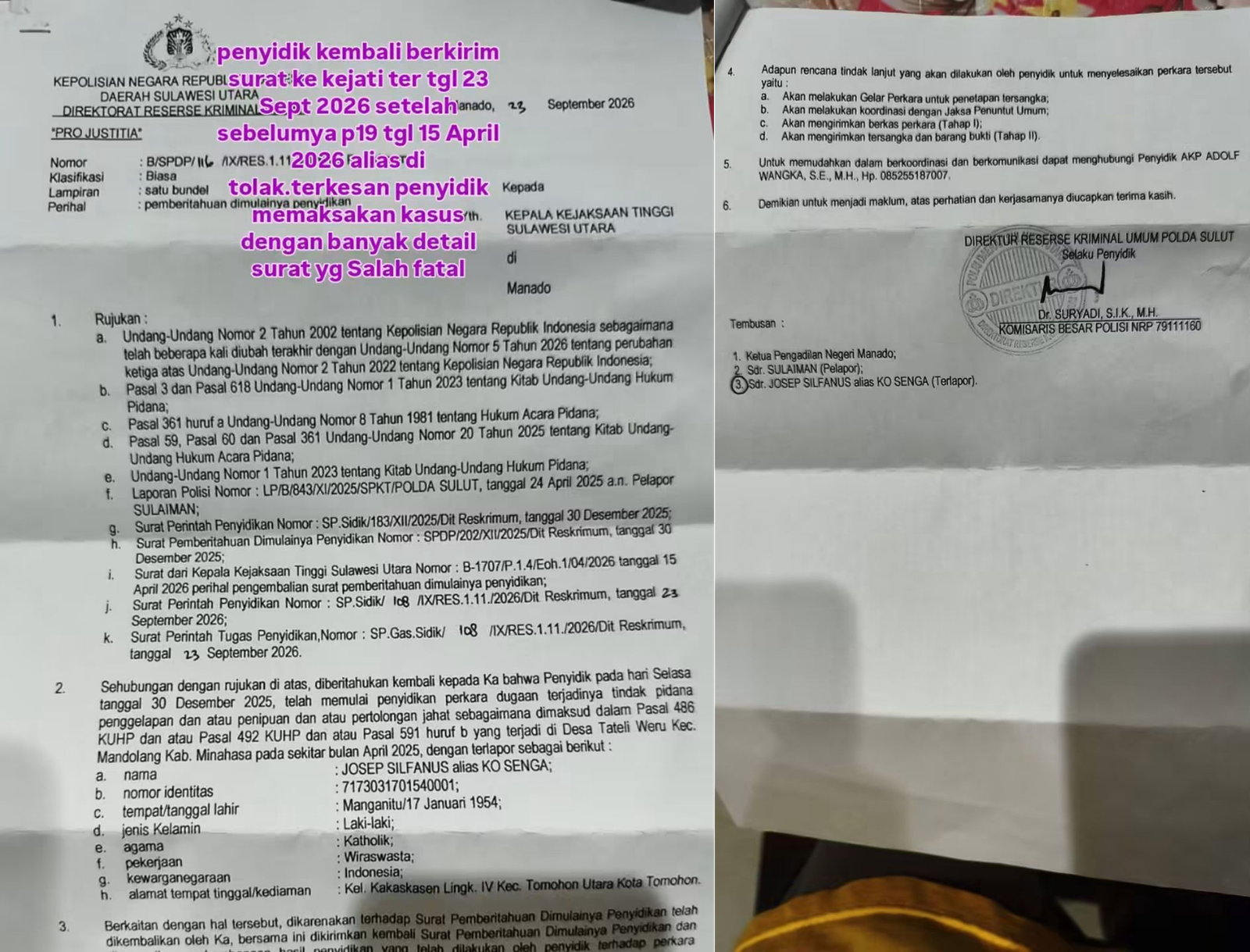 Surat SPDP Polda Sulut ke Kejati Sulut P-19 kasus Virus COMIT