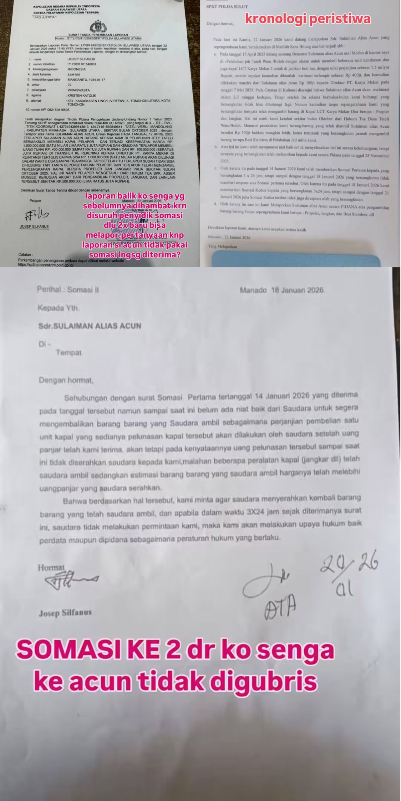 STTLP Polda Sulut laporan korban Ko Senga kasus Virus COMIT